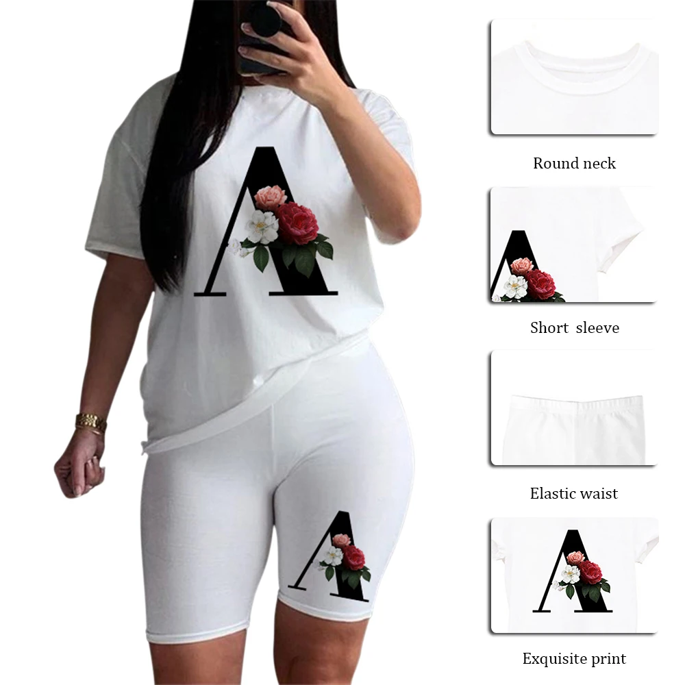 

2021Two Piece Set Women Alphabet T Shirts And Shorts Set Summer Short Sleeve O-neck Casual Joggers Biker Shorts Outfit 26 Letter
