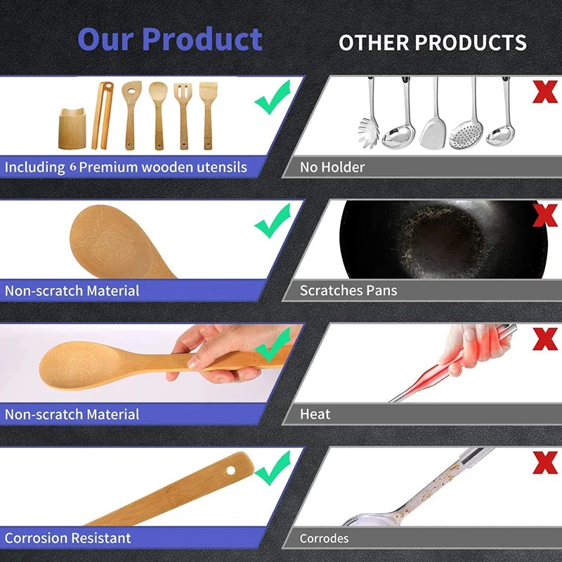 Набор бамбуковой кухонной утвари-набор из 6 предметов утвари с держателем