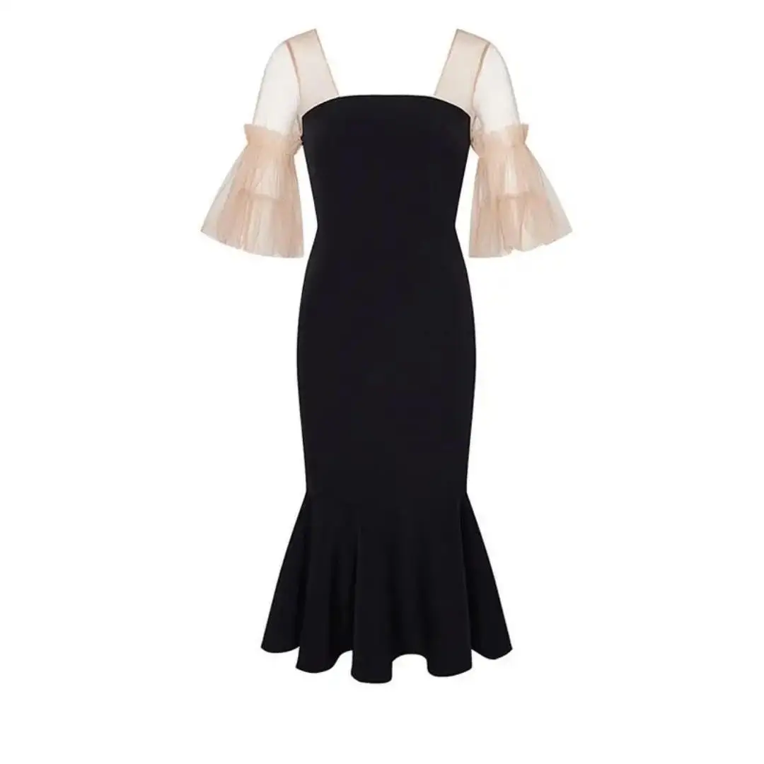 

2021 Square Neck Dress Black Retro skirt Platycodon net bubble sleeve slim fishtail skirt