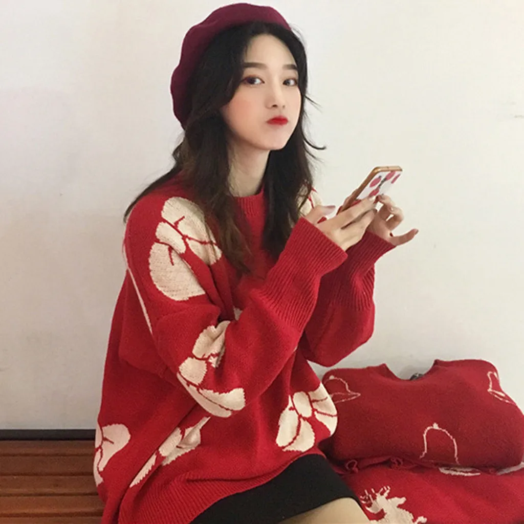 Christmas Women Sweater Santa Claus Reindeer Printed O-neck Long Sleeve Women Pullovers Winter Jumpers Knitwear Sweater