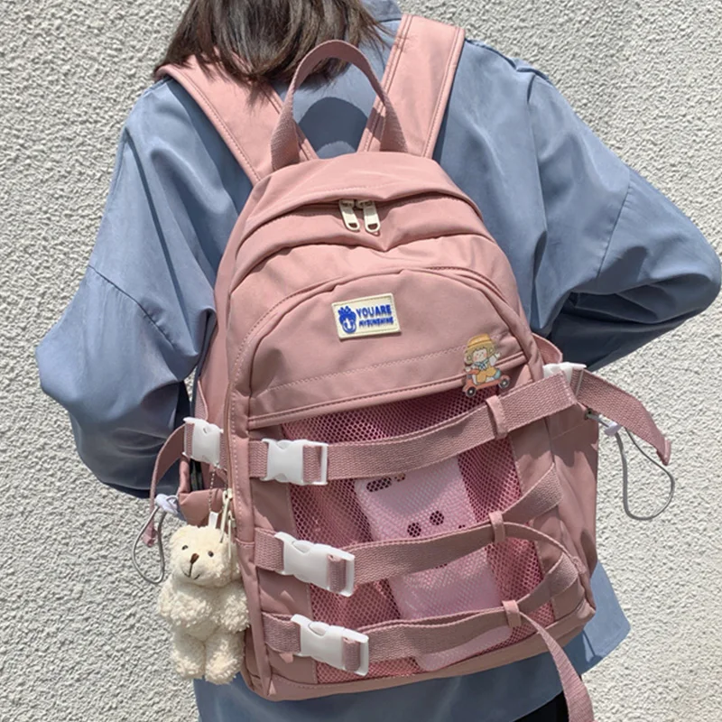 

Large Capacity Multiple Pockets Waterproof Nylon Women Backpack Couples Buckle Travel Bag Reflective Drawstring Schoolbag