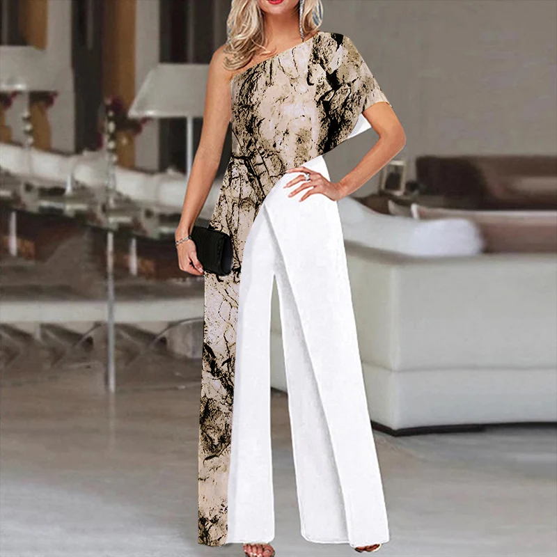 

Long Jumpsuits 2021 VONDA Women Summer Short Sleeve One-shoulder Wide Leg Overalls Loose Dungarees Palazzo Femme Playsuits