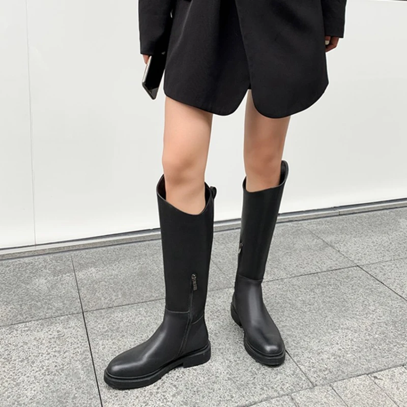 

2021 Fashion Knee High Boots Women Shoes Leather Warm Boots Round Toe Knight Boots Low Heels Motorcycle Boots Riding Boots Woman