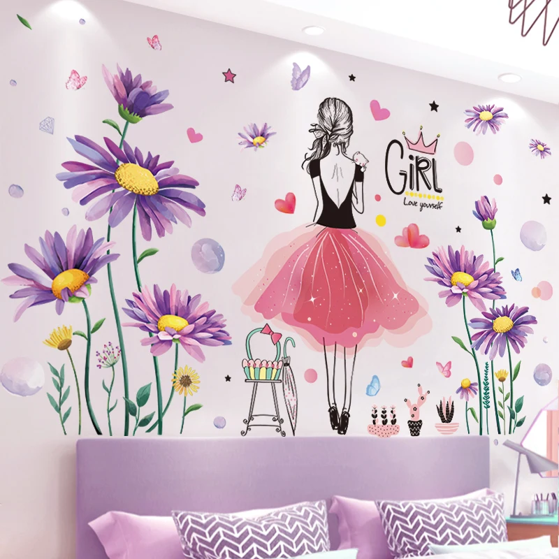 

[shijuekongjian] Cartoon Girl Wall Stickers DIY Flower Plants Mural Decals for Living Room Kids Bedroom Kitchen Home Decoration