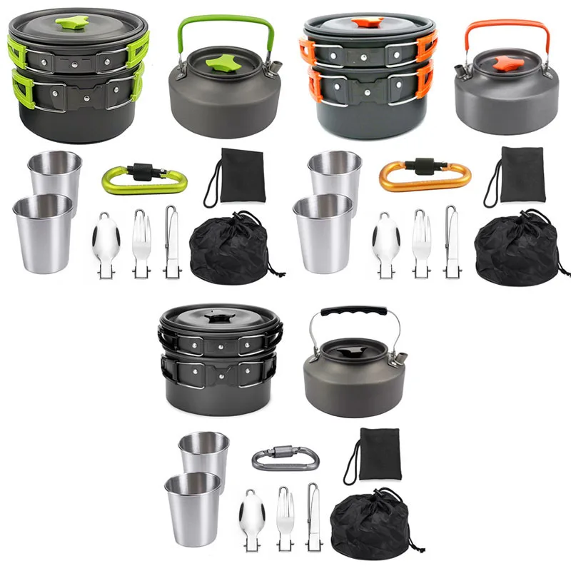 Outdoor Camping Teapot Set Camping Pot Boiling Pot Spoon Table Knife Fork Stainless Steel Water Cup with Net Bag Camping