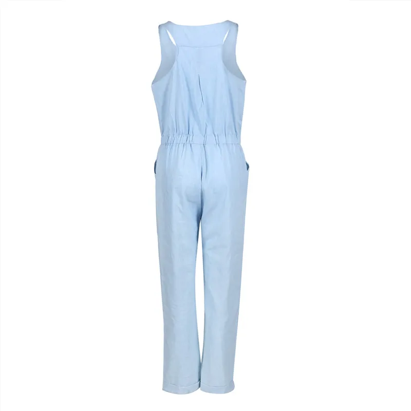

Fashion Summer Women Casual Sleeveless Solid Jumpsuit Denim Rompers Overalls Trousers Pants