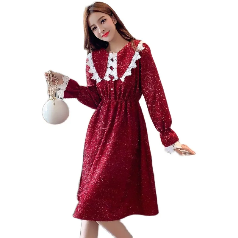 

New Autumn Winter Women's Dress Fashion Sexy Floral Long Sleeve Lace Patchwork Turn-down Collar Ladies S-XXL