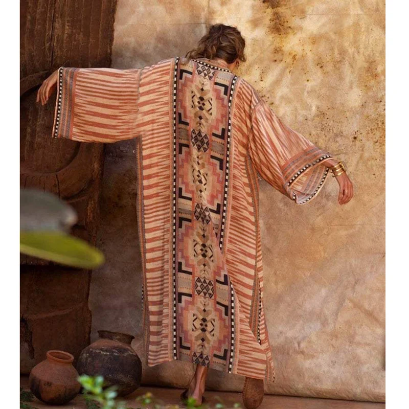 

Women's Swimsuit African Style Fashion Geometry Printing Loose Sleeve Cardigan Bikini Coats Beach Sun Protection Clothing 2021