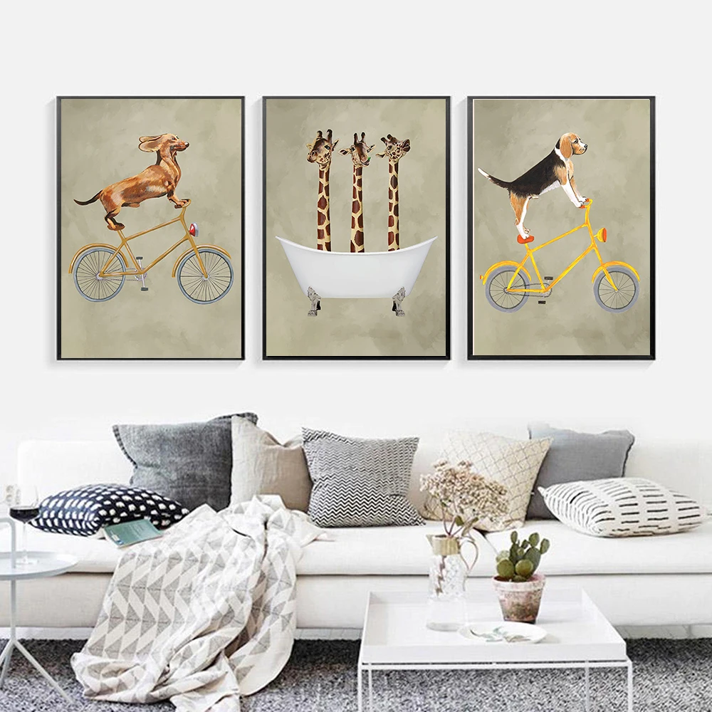 Скандинавский мультфильм Животные Печать холст Картина велосипед собака Жираф
