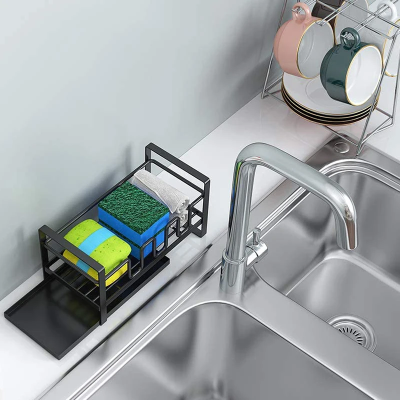 

Sink Caddy Organizer Countertop Sponge Brush Soap Holder with Drain Pan for Kitchen,Cleaning Brush Organizer Rack