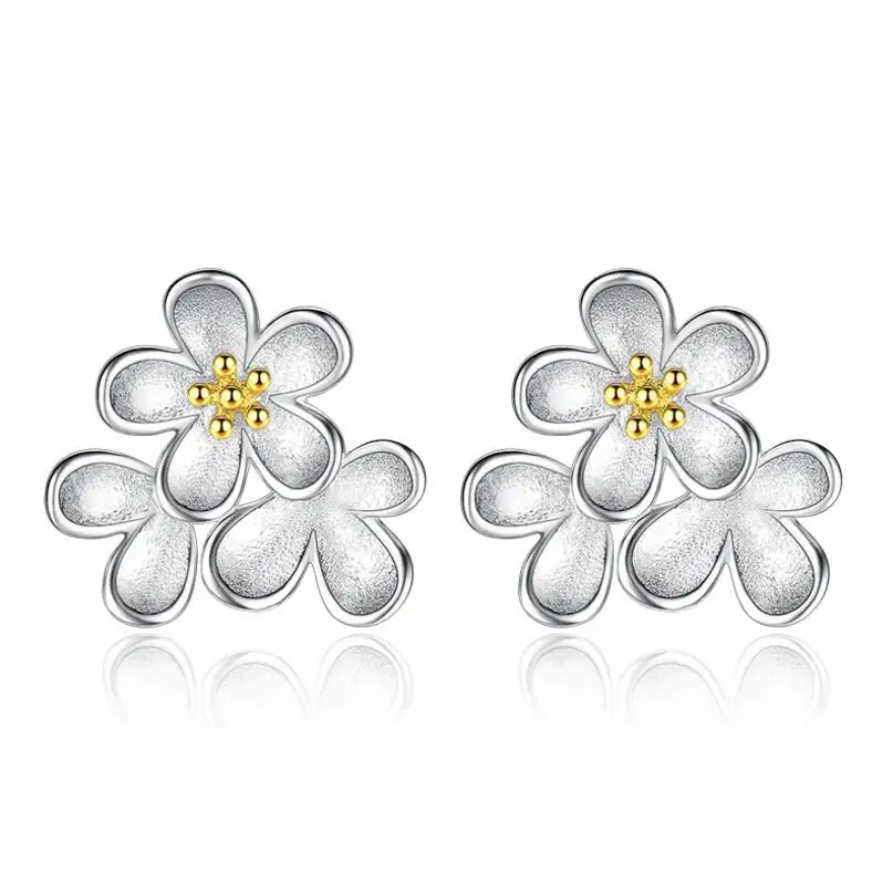925 Sterling Silver Cherry Blossoms Flower Stud Earrings Gold Stamens For Women Jewelry S-E125 | Украшения и аксессуары