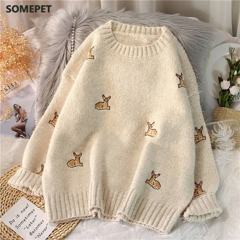 

2021 Women's Kawaii Ulzzang Vintage College Deer Embroidery Sweater Female Korean Thick Cute Loose Harajuku Clothing
