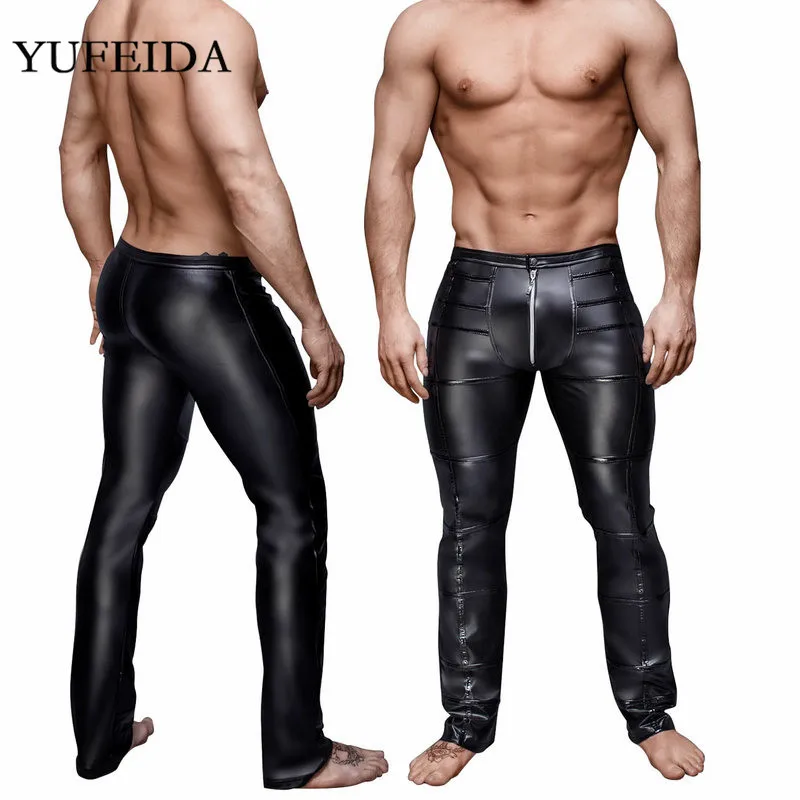 Брюки мужские из экокожи пикантные пэчворк на молнии спереди блестящие для