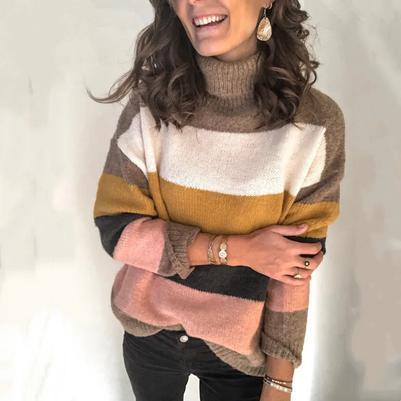 

Turtleneck Sweaters Autumn Winter Women Long Sleeve Pullovers Striped Casual Jumpers Fashion Loose Knitted Sweater Female
