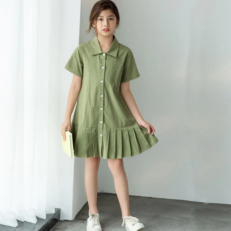 

Cotton Big Girls Dress Kids Dresses 2021 New Summer Teen Children Clothes Baby 2021 New Button Single Breasted Shirts Dress
