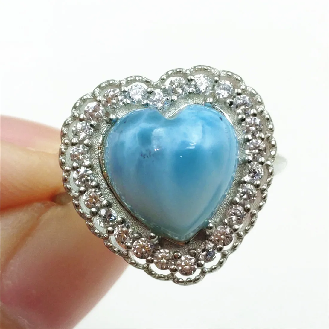 

Namibia Natural Blue Larimar Heart Adjustable Ring 10x10mm Water Pattern Dominia Love Larimar 925 Sterling Silver AAAAAA