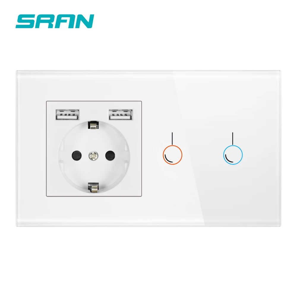 SRAN Сенсорный выключатель с розеткой с USB-панелью из хрусталя 146* 86 220 В 16A EU enchufe 2,1 А 5 В USB-телефон электрическая розетка с выключателем 1/2/3-канальная розетка Россия - Цвет: 2gang white