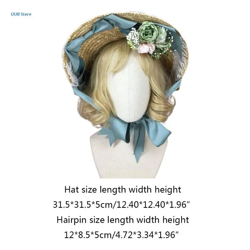

Women Girls Lolita Handmade Straw Sun Hat Artificial Floral Vintage Style Elegant Tea Party Wide Brim Travel Beach Flat Cap