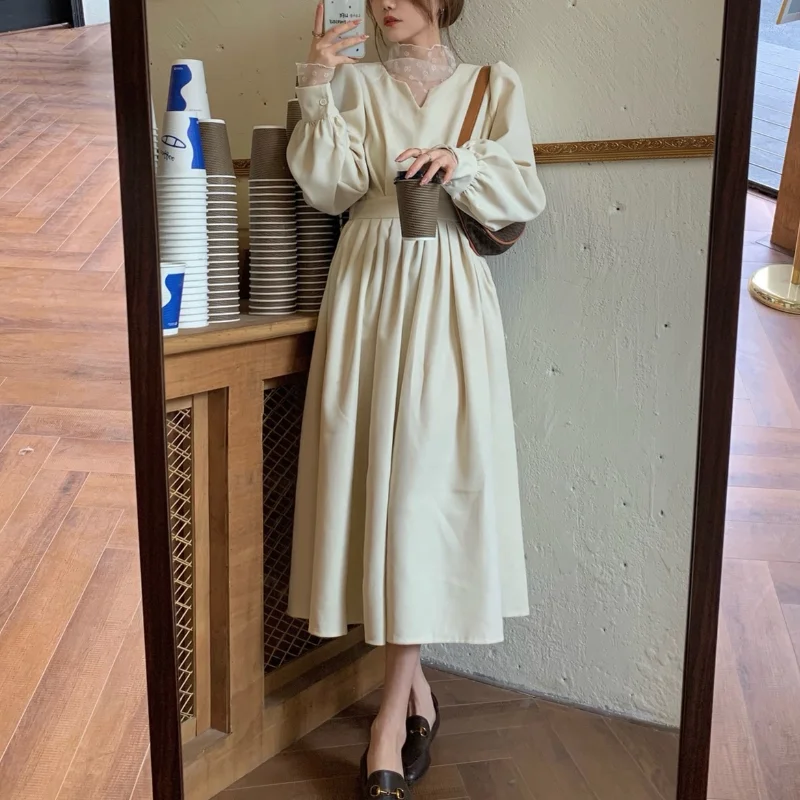 

Autumn Princess Elegant Dress Women Long Sleeve French Retro Patchwork Casual Dress 2021 Design High Waist One Piece Dress
