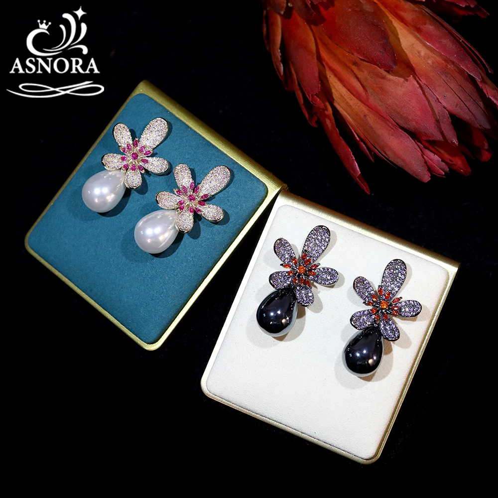 Серьги женские с черным жемчугом и розовым цветком фианитом E0049 | Украшения