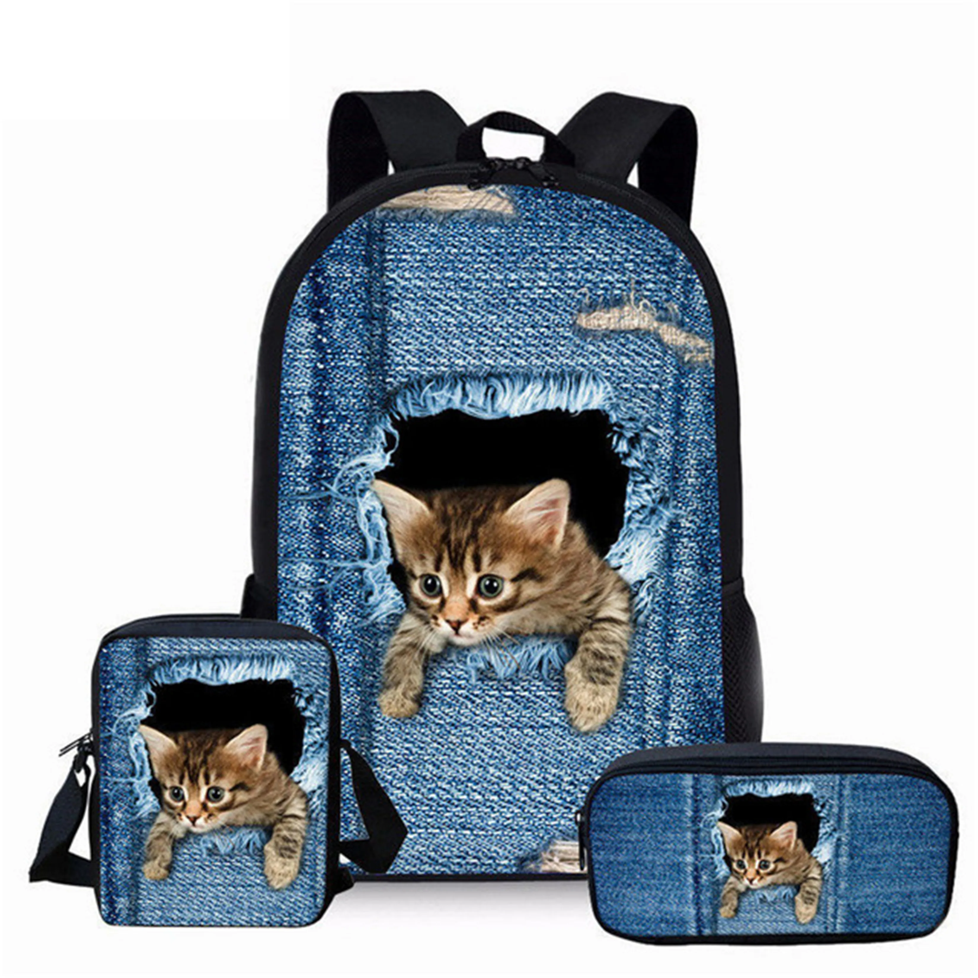 HaoYun 3PCs/Set Kids School Bag Black Cats Prints Pattern Bag Kawaii Jeans Design Cat Backpack/Flaps Bag/Pen Bags