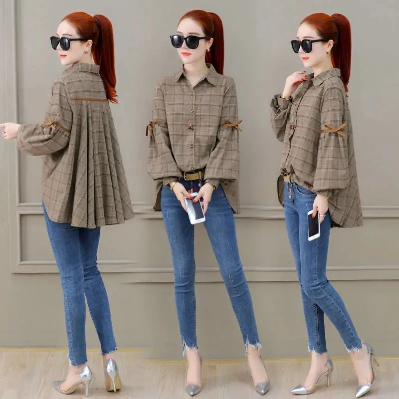 2023 Spring Autumn New Shirt Women Fashion Loose Plaid Blouse Top Lantern Sleeve Student Long Sleeve Tops Female Cardigan L236
