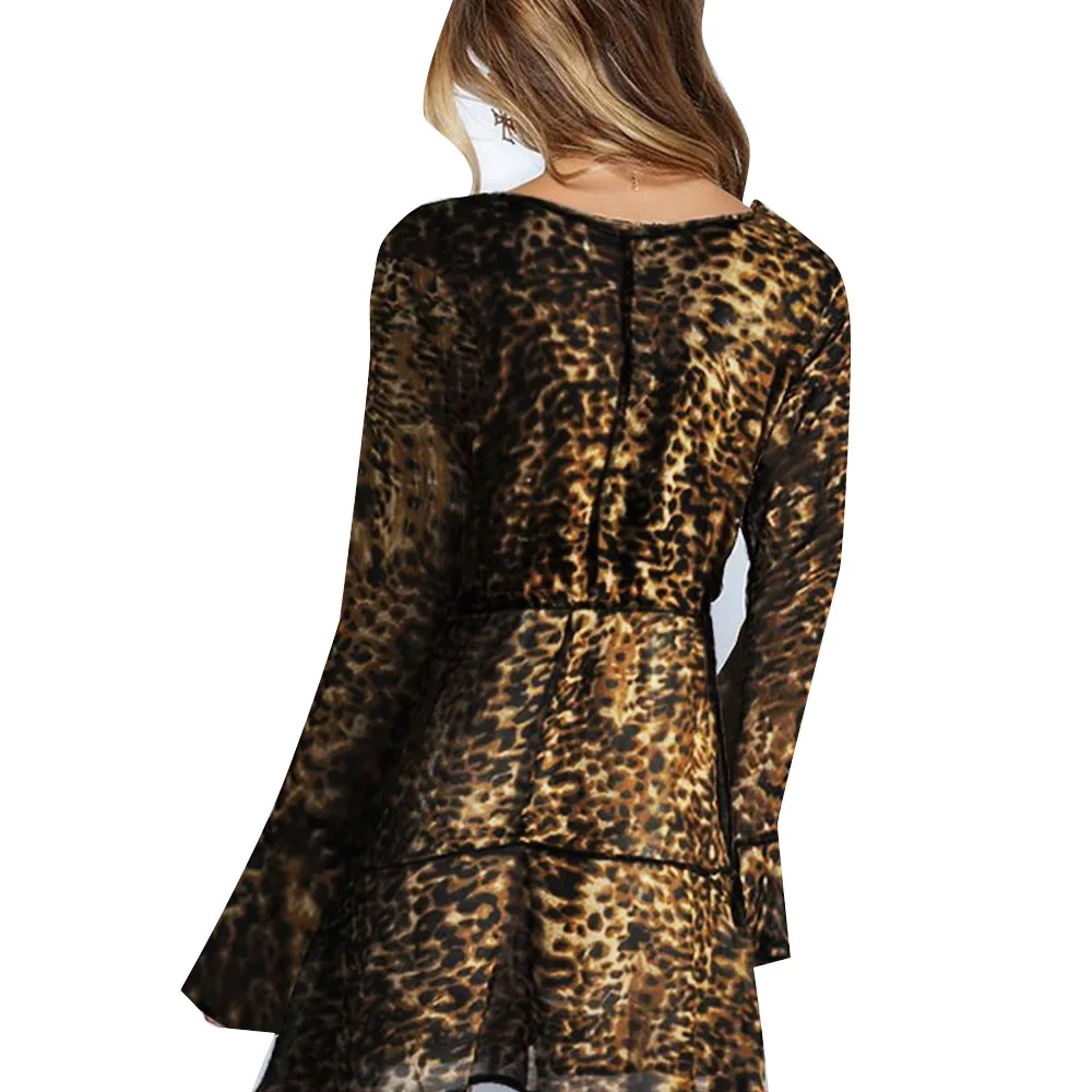 

Spring 2019 Cross-Border Popular Women's Horn Sleeve Printed Dress Sexy Deep V-neck Leopard Dress