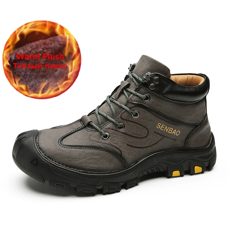 

2021 зимние мужские ботинки модные кожаные водонепроницаемые теплые зимние ботинки уличные Нескользящие походные ботинки мотоциклетные бот...