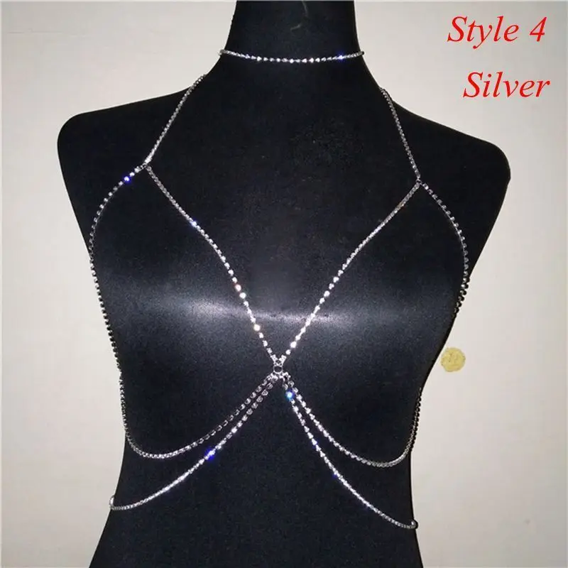 4 silver Кристальные стразы, бюстгальтер, грудь, цепь тела, сексуальное,, женское блестящее бикини, ювелирные изделия, для ног, цепи для лета, Пляжное Платье, украшения для тела - Окраска металла: 4 silver