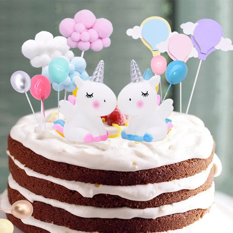 Мини Единорог Торт Топперы Декор Радуга помпон бусины облака милые украшения для