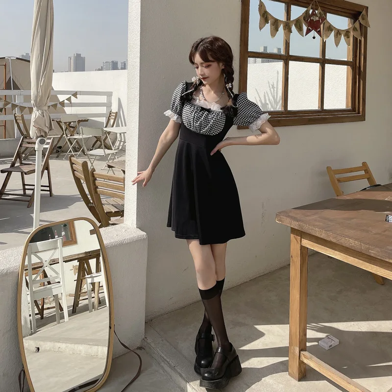 

Plaid Stitching Short Dress French Style Square Collar Ruff Short Sleeved High Waist Slim Style for Summer Holiday NYZ Shop