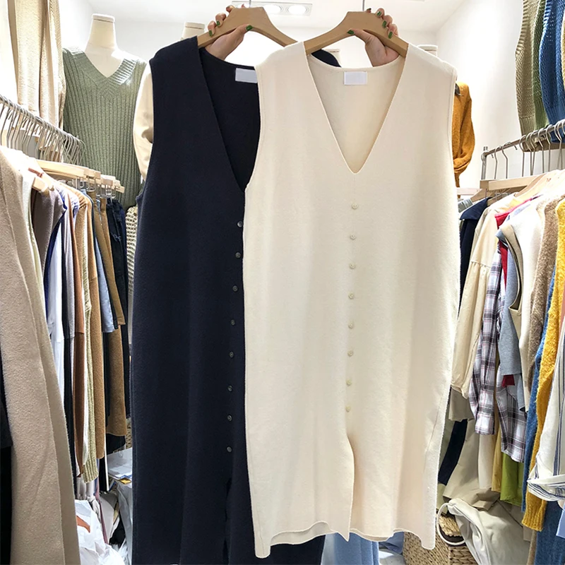 

Женское однотонное трикотажное платье Dongdaemun, однобортное платье-жилет с V-образным вырезом и разрезом на подоле, весна 2021