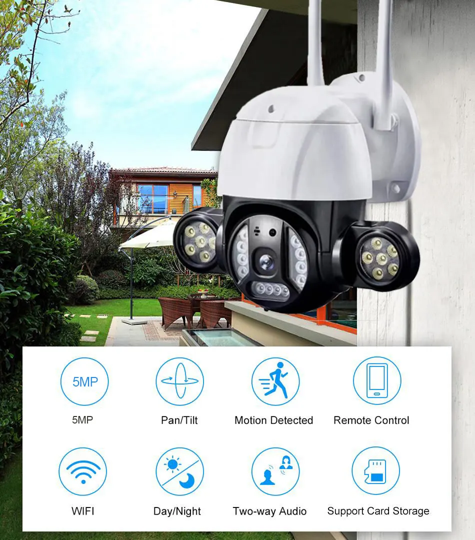 

5MP PTZ Wifi IP Camera H.265 Outdoor Wireless Camera ONVIF Audio Smart Light Security CCTV Camera
