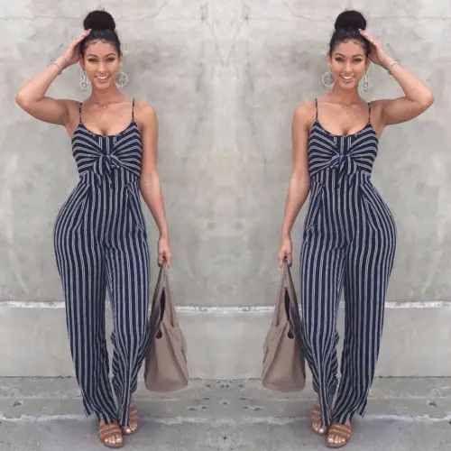 

Elegant Striped Sexy Spaghetti Strap Rompers Women Sets Sleeveless Backless Bow Casual Wide Legs Jumpsuits Leotard Overall