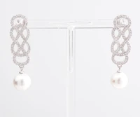 white teardrop sea shell pearl white golden plated cz pave earrings