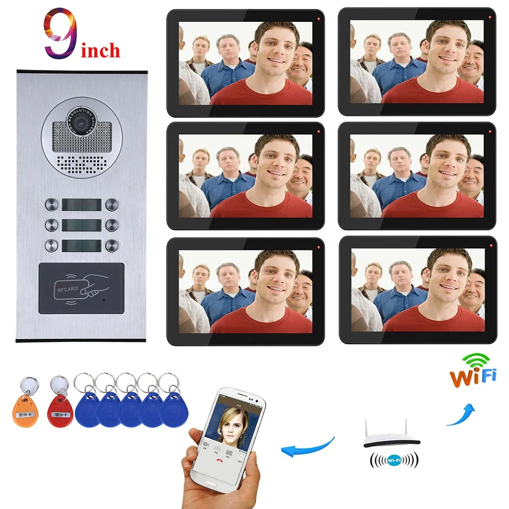 

9 inch Wired Wifi Apartments Video Door Phone Intercom System RFID IR-CUT HD 1000TVL Camera with 3/4/5/6/12 Apartments