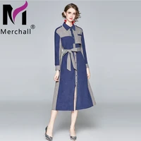 french vintage color contrast elegant long dress femme ol patchwork shirt collar long sleeve bow sashes casual maxi dress m69863