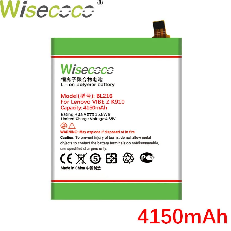 Wisecoco 4150 мАч BL216 батарея для Lenovo VIBE Z K910 K6 X910 K910e в наличии + бесплатная доставка |