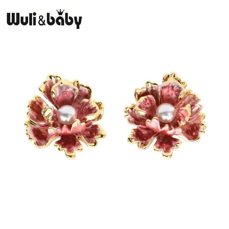 Wuli&baby красный пион цветок серьги гвоздики для женщин Красивые эмалированные цветок серьги Подарки