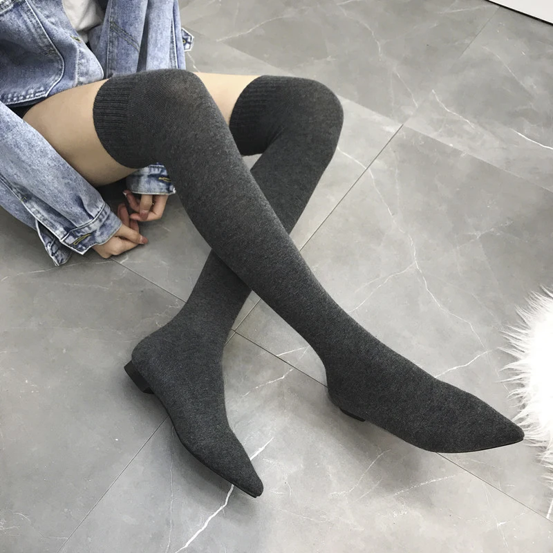 

Women's Over The Knee Boots Stretch Fabrics Pointed Toe 2 Colors Knitting Thread Flat Boots NIUFUNI Spring Winter Woman Shoes