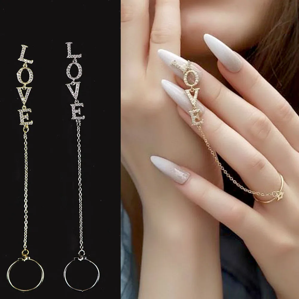 1pcs Luxury Crystal Love Letter Ring Tassel Pendant Chain Nail Art Decoration Nail Rhinestones Nail Art Nail Jewelry Accessories