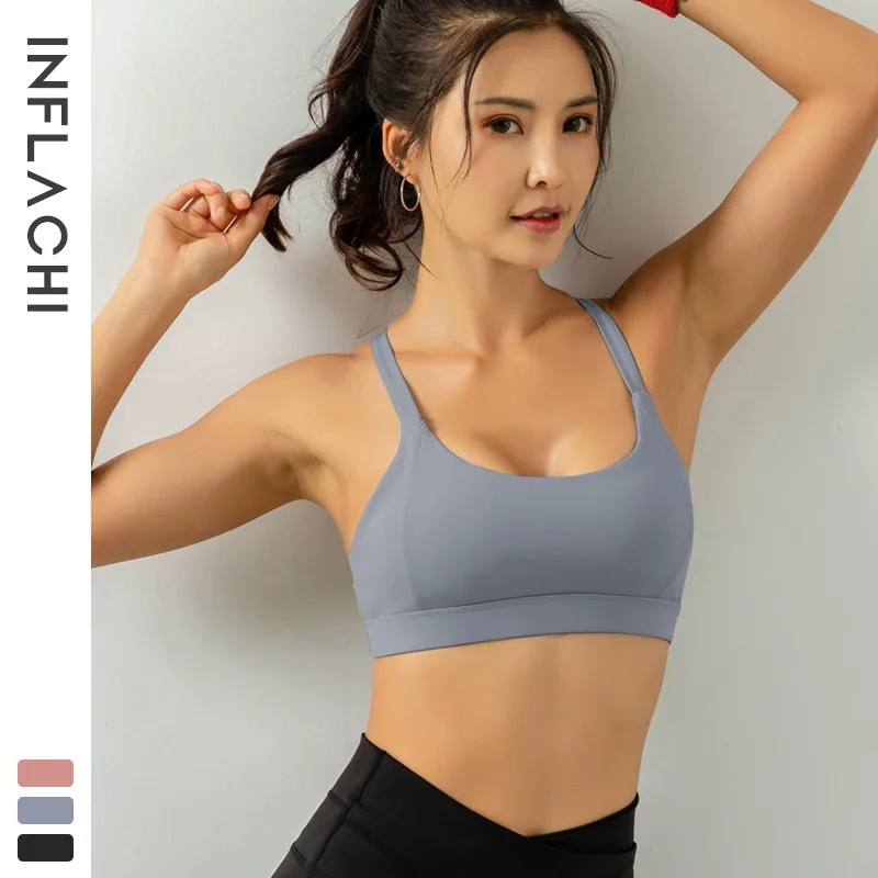 

New Arrival Woman Yoga Bralette Gathering Shock Proof Cross Back Hollow Out Breathable Running Camisole Solid Color Sling Vest