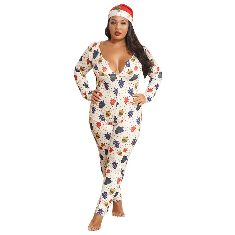 

Christmas Print Sexy Long Sleeve Bodycon Jumpsuit Rompers Women 2020 Knit Elastic Clubwear Outfits One Piece Rompers Active Wear