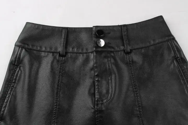 Женская кожаная юбка с завышенной талией трапециевидная черная средней длины из