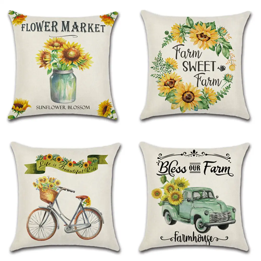 

ROMANZO 45*45CM New Farm Sunflower Bicycle Happy Summer Linen Printed Pillowcase Cushion Cover Car Decorative Pillowcase