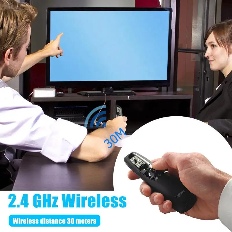 

Logitech R800 2.4GHz Wireless Presenter PPT Remote Control LCD Pointer w/ Handheld Green Laser Pointer Pen for Presentation