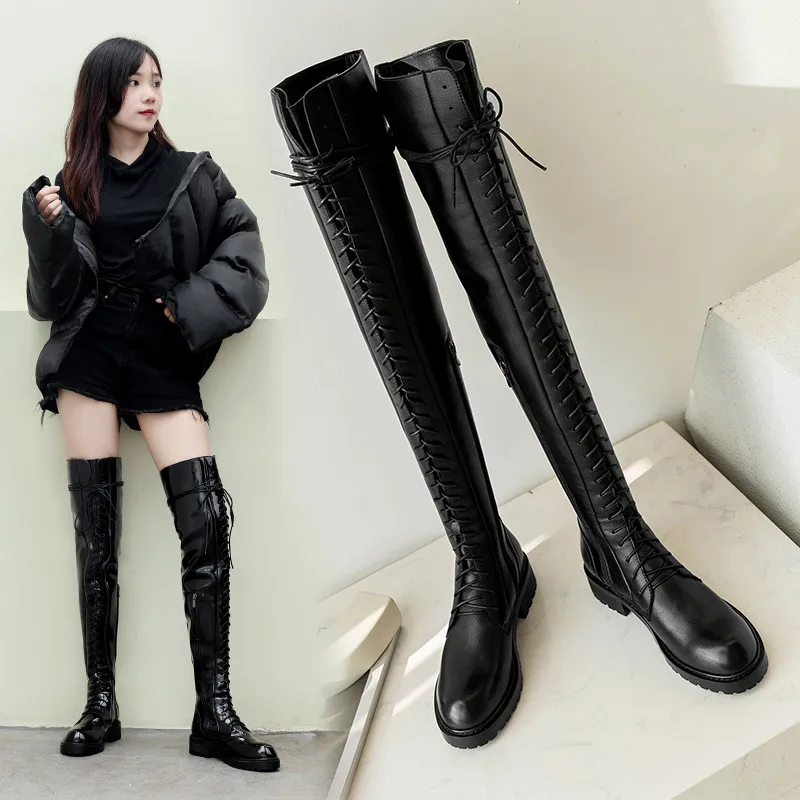MORAZORA genuine leather shoes women thigh high boots lace up zip low heels platform shoes woman Motorcycle boots black