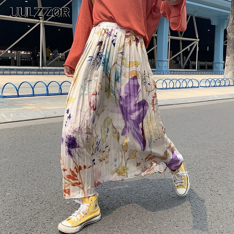 UULZZOR цветочный принт длинная юбка женские юбки эластичная талия Boho Свободные
