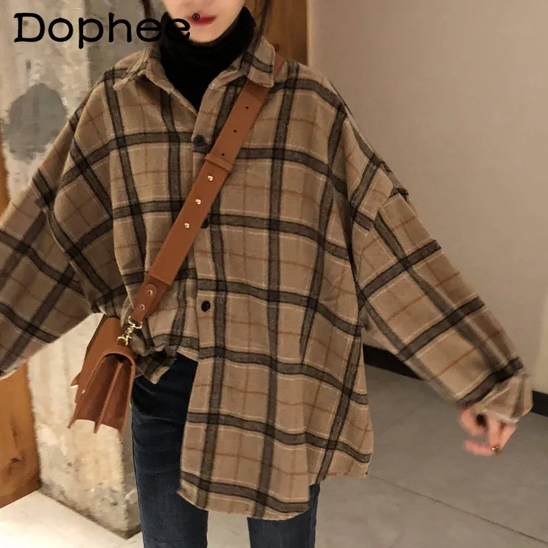 

Retro Hong Kong Style Plaid Shirt Women's Long-Sleeved Blouse 2021 New Spring and Autumn New Outwear Female Tops Blusas Coat