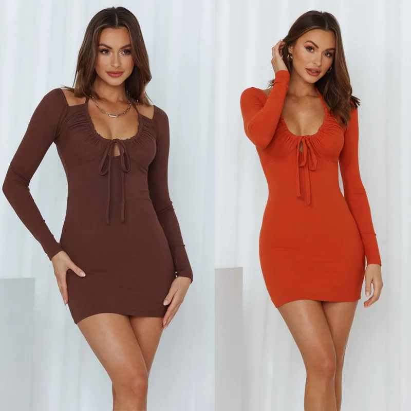 

Bikoles 2021 New Sexy Spring Autumn V Neck Long Sleeve Women's Fashion Solid Hollow Out Bodycon package hip Ladies Mini Dresses